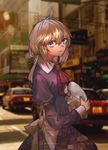  bad_id bad_pixiv_id bangs car city from_side ground_vehicle hair_between_eyes hat hat_removed headwear_removed highres lens_flare long_sleeves looking_at_viewer looking_to_the_side maribel_hearn mob_cap motor_vehicle ouka_musci photo_background puffy_long_sleeves puffy_sleeves purple_eyes red_neckwear road see-through smile street taxi touhou white_hat 
