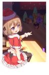  ass black_bow black_legwear blend_s blush bow brown_hair capelet christmas commentary_request gift half-closed_eyes hat highres hoshikawa_mafuyu indoors midriff open_mouth pantyhose pointy_ears purple_eyes short_hair sitting skirt smile weill wooden_floor 