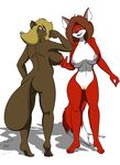  2017 anthro beaver beverly_(sailoranna) big_breasts black_nose blonde_hair blue_eyes breasts brown_fur brown_hair buckteeth canine duo eyewear female fox fur glasses hair looking_back mammal nude open_mouth pussy rear_view rodent sailoranna surprise teeth tina_(sailoranna) 