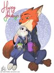  2017 anthro badge bulletproof_vest canine christmas clothed clothing coffee_cup crossed_legs dipstick_ears disney duo english_text female fluffy fox green_eyes holding_cup holding_object holidays judy_hopps lagomorph male mammal necktie nick_wilde police_uniform purple_eyes rabbit robertfiddler signature simple_background sitting snow steam text uniform url white_background zootopia 