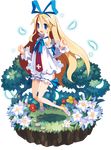  alpha_transparency blonde_hair blue_bow bow disgaea faux_figurine flonne flower full_body grass hair_bow harada_takehito jumping long_hair makai_senki_disgaea makai_wars official_art smile solo transparent_background 