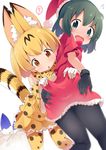  ? alternate_costume animal_ears arm_around_waist black_gloves black_hair black_legwear blonde_hair blush bow bowtie clothes_grab elbow_gloves extra_ears flying_sweatdrops fur_trim gloves green_eyes hat highres kaban_(kemono_friends) kemono_friends looking_back lucky_beast_(kemono_friends) makuran multicolored multicolored_clothes multicolored_gloves multiple_girls open_mouth pantyhose print_gloves print_legwear print_neckwear print_skirt sack santa_costume santa_hat serval_(kemono_friends) serval_ears serval_print serval_tail simple_background skirt spoken_question_mark tail thighhighs white_background white_gloves yellow_eyes yellow_gloves yellow_legwear yellow_neckwear yellow_skirt zettai_ryouiki 