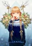  animal_ears arm_at_side bad_id bad_pixiv_id bangs berry blonde_hair blue_eyes blue_sweater braid commentary eyebrows_visible_through_hair face fake_animal_ears fake_antlers flower flower_request hair_ornament hair_over_shoulder hand_to_own_mouth hand_up highres holding_holly holly_hair_ornament horn_ribbon horns lips long_hair long_sleeves looking_at_viewer nose original parted_lips pinecone plant ribbon romiy snowflakes solo sweater tareme triangle twin_braids upper_body 