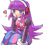 1girl android blue_eyes blush call_(mighty_no._9) call_d eyebrows hairband headphones heart long_hair mighty_no._9 open_mouth purple_hair robot robot_joints simple_background sitting solo white_background 