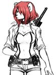  anthro bear blue_eyes breasts clothed clothing collar colored_sketch ehbear female gun hair hair_over_eye hand_behind_back mammal ranged_weapon red_hair rifle simple_background sketch solo standing weapon white_background 