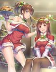  black_legwear blue_eyes breasts brown_eyes brown_hair christmas_tree commentary_request food fur_trim gloves hairband hat highres idolmaster idolmaster_million_live! long_hair looking_at_viewer medium_breasts merry_christmas multiple_girls nanaran open_mouth pantyhose ponytail red_gloves santa_costume santa_hat satake_minako smile tanaka_kotoha tray turkey 