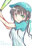  &gt;:( alternate_costume alternate_hairstyle aqua_bow aqua_hat bangs baseball_bat baseball_cap baseball_uniform blunt_bangs bow brown_hair buttons closed_mouth dated eyebrows_visible_through_hair gochuumon_wa_usagi_desu_ka? green_eyes hat hetareeji highres holding long_hair looking_at_viewer ponytail raglan_sleeves shirt short_sleeves sidelocks signature simple_background sketch solo sportswear striped striped_shirt ujimatsu_chiya upper_body v-shaped_eyebrows vertical-striped_shirt vertical_stripes white_background 