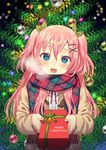  :d bangs bell blue_eyes blush box christmas christmas_ornaments christmas_tree coat enpera eyebrows_visible_through_hair fang fingernails gift gift_box giving hair_between_eyes hair_ornament highres holding holding_gift long_hair long_sleeves looking_at_viewer merry_christmas open_mouth original pink_hair plaid plaid_scarf scarf smile solo toujou_mina two_side_up upper_body winter_clothes x_hair_ornament 