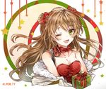  armpit_crease bangs bare_shoulders blush bow bow_choker breasts brown_hair buckle choker christmas christmas_ornaments cleavage coat collarbone commentary double_bun dress duffel_coat eyebrows_visible_through_hair floating_hair fur_trim gift girls_frontline green_eyes hair_bow hand_up head_tilt long_hair looking_at_viewer medium_breasts one_eye_closed open_clothes open_coat open_mouth por red_bow red_dress rfb_(girls_frontline) ribbon_choker santa_costume smile solo star strap twitter_username upper_body 
