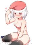  absurdres bare_arms bare_shoulders between_legs bikini black_legwear blush breasts christmas cleavage commentary_request flying_sweatdrops hand_between_legs hand_up hat highres konpaku_youmu looking_at_viewer medium_breasts moyashi_baasuto red_hat santa_hat silver_eyes silver_hair simple_background sitting solo swimsuit thighhighs touhou white_background 