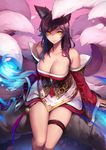  absurdres ahri animal_ears arm_support bare_shoulders black_hair breasts detached_sleeves energy_ball facial_mark fox_ears fox_tail from_above highres in_tree korean_clothes large_breasts league_of_legends light_smile lips long_hair looking_at_viewer low_neckline miniskirt multiple_tails oopartz_yang paid_reward patreon_reward patreon_username sitting sitting_in_tree skirt slit_pupils solo tail tree whisker_markings yellow_eyes 