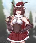  :d artist_name bare_shoulders blood blood_stain blurry blurry_background brown_hair cape commentary disco_brando fur-trimmed_cape fur-trimmed_skirt fur_collar fur_trim gauntlets goat_horns hand_on_hip hat highres horizontal_pupils open_mouth original pink_eyes sack santa_hat short_hair smile solo twitter_username 