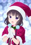  :d bangs blend_s blunt_bangs blush bow bowtie brown_hair christmas collarbone commentary_request derivative_work eyebrows_visible_through_hair gloves green_neckwear hands_together hat long_hair looking_at_viewer low_twintails open_mouth purple_eyes sakuranomiya_maika santa_costume santa_hat short_sleeves smile solo teeth twintails upper_body upper_teeth white_gloves yutsuki_warabi 