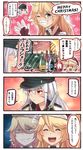  2girls 4koma ^_^ ^o^ alcohol blonde_hair blue_eyes bottle closed_eyes comic commentary english evil_smile fake_facial_hair fake_mustache gangut_(kantai_collection) grin haagen-dazs hair_between_eyes hat heart heart_in_mouth highres ido_(teketeke) iowa_(kantai_collection) just_as_planned kantai_collection long_hair multiple_girls one_eye_closed open_mouth orange_eyes peaked_cap pom_pom_(clothes) red_shirt remodel_(kantai_collection) revision santa_hat scar shaded_face shirt smile speech_bubble star star-shaped_pupils symbol-shaped_pupils translated white_hair 