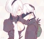  1girl aki663 black_gloves blindfold blush breasts choker cleavage cleavage_cutout closed_eyes couple forehead_kiss gloves head_hug hetero highres kiss medium_breasts nier_(series) nier_automata parted_lips short_hair turtleneck white_hair yorha_no._2_type_b yorha_no._9_type_s 