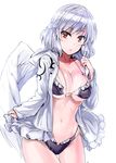  adapted_costume bangs bikini black_bikini breasts cleavage collarbone commentary_request cowboy_shot feathered_wings half_updo highres hood hood_down hooded_jacket jacket kishin_sagume large_breasts long_sleeves looking_at_viewer navel open_clothes open_jacket parted_lips red_eyes short_hair silver_hair simple_background single_wing solo stomach swimsuit thigh_gap touhou white_background white_jacket white_wings wings y2 