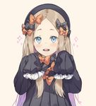  abigail_williams_(fate/grand_order) bangs black_bow black_dress black_hat blonde_hair blue_eyes blush bow dress fate/grand_order fate_(series) forehead hair_bow hat long_hair long_sleeves looking_at_viewer nagu open_mouth orange_bow parted_bangs polka_dot polka_dot_bow simple_background sleeves_past_fingers sleeves_past_wrists smile solo upper_body very_long_hair 