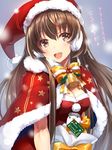  :d bell bird bow bowtie breasts brown_eyes brown_hair capelet cleavage commentary earmuffs eyebrows_visible_through_hair formation_girls fur-trimmed_capelet fur_trim hat kagachi_saku kazehaya_yayoi long_hair looking_at_viewer medium_breasts open_mouth pigeon red_capelet santa_costume santa_hat smile solo upper_body 