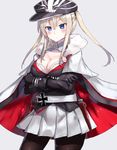  azur_lane black_gloves black_legwear blonde_hair blue_eyes breasts cape check_commentary cleavage cleavage_cutout commentary_request cosplay cowboy_shot elbow_gloves gloves graf_zeppelin_(azur_lane) graf_zeppelin_(azur_lane)_(cosplay) graf_zeppelin_(kantai_collection) grey_background hair_between_eyes hat highres iron_cross kantai_collection large_breasts long_hair looking_at_viewer namesake pantyhose peaked_cap pleated_skirt sidelocks simple_background skirt solo twintails white_skirt xenonstriker 