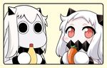  black_hair blush carrot food holding holding_food horns kantai_collection long_hair mayonnaise mittens muppo northern_ocean_hime red_eyes shinkaisei-kan white_hair yamato_nadeshiko 