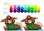  2016 anthro anthrofied blush breasts brown_fur brown_hair clothing color_swatch curly_q english_text eyelashes fan_character female fur furret green_eyes hair hi_res keijimatsu looking_aside nintendo pok&eacute;mon pok&eacute;mon_(species) pok&eacute;morph simple_background smile solo sweater tan_fur text v_sign video_games white_background 