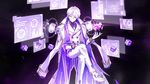  add_(elsword) artist_request crossed_legs dominator_(elsword) double-breasted elsword feet_out_of_frame gloves grin highres holographic_monitor jacket_on_shoulders looking_at_viewer male_focus official_art pants purple_background purple_eyes shoes smile solo white_coat white_footwear white_gloves white_hair white_pants 