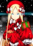 abigail_williams_(fate/grand_order) alternate_color bangs black_background blonde_hair blue_eyes bow box bug butterfly christmas closed_mouth dress fate/grand_order fate_(series) forehead gift gift_box hair_bow hat highres holding holding_gift insect long_hair long_sleeves looking_at_viewer merry_christmas object_hug parted_bangs polka_dot polka_dot_bow red_bow red_dress red_hat sleeves_past_wrists snowflakes solo stuffed_animal stuffed_toy teddy_bear theerawat very_long_hair white_bow 