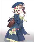  bag bangs bow brown_hair chihuahua dress hair_tucking hat horns long_sleeves looking_at_viewer open_mouth original red_eyes sanbasou school_bag school_uniform short_hair sleeves_past_wrists solo wind 