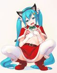  animal_ears bell belt blue_eyes blue_hair boots bra cat_ears cat_tail christmas fake_animal_ears gloves hair_bell hair_ornament hatsune_miku highres long_hair looking_to_the_side navel nipples open_mouth pink_bra red_footwear red_skirt skirt solo squatting tail thighhighs twintails underwear vocaloid wacchi white_gloves white_legwear 