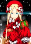  abigail_williams_(fate/grand_order) alternate_color artist_name bangs black_background blonde_hair blue_eyes bow box bug butterfly christmas closed_mouth commentary dated dress fate/grand_order fate_(series) forehead gift gift_box hair_bow hat highres holding holding_gift insect long_hair long_sleeves looking_at_viewer merry_christmas object_hug parted_bangs polka_dot polka_dot_bow red_bow red_dress red_hat sleeves_past_wrists snowflakes solo stuffed_animal stuffed_toy teddy_bear theerawat very_long_hair white_bow 