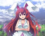  animal_ears breasts bunny_ears choker cleavage commentary_request earrings jewelry large_breasts long_hair looking_at_viewer open_mouth original red_eyes red_hair ryogo sleeveless solo usami_tsuitachi 