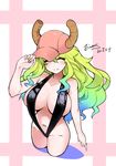  artist_name baseball_cap black_swimsuit blonde_hair blue_hair blush breasts closed_eyes covered_nipples dated dragon_girl dragon_horns einess gradient_hair green_hair hat highres horns kobayashi-san_chi_no_maidragon large_breasts long_hair multicolored_hair navel quetzalcoatl_(maidragon) signature slingshot_swimsuit smile solo swimsuit wavy_hair 