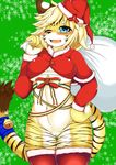  1girl anger_vein artist_request blonde_hair blue_eyes character_rquest christmas christmas_hat fullbokko_heroes furry open_mouth pussy short_hair solo tiger 