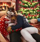  2017 5_fingers anthro black_nose brown_fur canine chair christmas christmas_tree clothed clothing dog duo ears_back eyes_closed female fireplace fully_clothed fur german_shepherd grey_fur hi_res holidays hug jumper male mammal marjani multicolored_fur pants resting romantic_couple smile tan_fur tree two_tone_fur white_fur wolf 