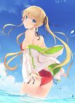  6u_(eternal_land) ass bangs bare_shoulders bikini blonde_hair blue_eyes blue_sky blush breasts cloud day eyebrows_visible_through_hair hair_ribbon jacket light_smile long_hair long_legs looking_at_viewer looking_back navel ocean off_shoulder open_clothes open_jacket outdoors red_bikini ribbon saenai_heroine_no_sodatekata sawamura_spencer_eriri side-tie_bikini sky small_breasts smile solo splashing swimsuit swimsuit_under_clothes twintails wading water water_drop 