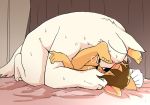  age_difference all_fours anthro bed bedding blanket blush brown_fur brown_hair canine cat child cub curtains dog feline fur hair lying male male/male mammal manmosu_marimo on_back panting shota_feline_(marimo) sweat white_canine_(marimo) white_fur young 