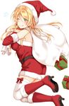  ;q arm_warmers ass ayase_eli belt blonde_hair blue_eyes blush boots bow box christmas commentary_request dress dropping fur-trimmed_boots fur-trimmed_dress fur_trim gift gift_box hair_down hat high_heel_boots high_heels highres jumping knee_boots long_hair looking_at_viewer love_live! love_live!_school_idol_project mogu_(au1127) one_eye_closed over_shoulder red_bow red_dress red_footwear sack santa_costume santa_hat simple_background solo star thighhighs tongue tongue_out torn_sack white_background white_legwear 