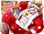  2017 abs anthro bell canine christmas clothed clothing digital_media_(artwork) fur hat holidays horn jewelry kadzu kemono male mammal muscular muscular_male necklace pants pecs santa_hat simple_background smile solo wolf 