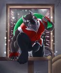  2017 anthro bed black_fur blue_eyes bulge canine christmas clothed clothing digital_media_(artwork) dragon0324r fingerless_gloves fur gloves holidays kemono male mammal muscular muscular_male pants shirt simple_background snow solo tight_clothing white_fur window wolf 