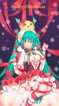  absurdres bracelet christmas commentary fiodo green_eyes green_hair hatsune_miku highres jewelry long_hair merry_christmas ribbon sitting skirt smile snowflakes twintails very_long_hair vocaloid 