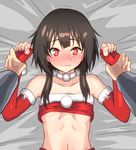  bad_id bad_pixiv_id bed_sheet blush bound bound_wrists breasts brown_hair christmas closed_mouth commentary_request elbow_gloves fingerless_gloves gloves highres kono_subarashii_sekai_ni_shukufuku_wo! kyouwa looking_at_viewer lying megumin navel on_back pov red_eyes short_hair_with_long_locks small_breasts solo stomach strapless tubetop underboob wavy_mouth wrist_grab 
