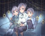  2girls :d age_difference blue_eyes brother_and_sister christmas commentary gift highres kio_rojine multiple_girls open_mouth rwby sandwiched siblings sisters smile weiss_schnee white_hair whitley_schnee winter_schnee younger 
