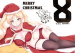  adapted_costume azur_lane bangs bikini_top black_legwear blonde_hair blush breasts cape character_name christmas cleavage commentary_request emblem enchuu front-tie_top green_eyes hand_on_own_thigh hat hornet_(azur_lane) large_breasts looking_at_viewer lying merry_christmas midriff navel on_side parted_lips red_bikini_top red_cape red_hat red_shorts red_swimsuit santa_costume santa_hat short_shorts shorts solo swimsuit thighhighs twintails 