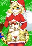  1girl artist_request blonde_hair blue_eyes character_rquest christmas christmas_hat fullbokko_heroes furry open_mouth short_hair solo tiger 