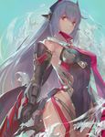  badluck blue_hair breasts covered_navel elbow_gloves flower gloves hana_(xenoblade) hana_jd highleg highres holding holding_weapon lily_(flower) long_hair medium_breasts orange_eyes pinky_out robot spoilers weapon xenoblade_(series) xenoblade_2 