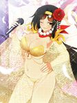  absurdres bikini black_hair breasts brown_eyes cleavage feathers flower glass hair_flower hair_ornament hairband hand_on_hip highres holding jasmine_(senran_kagura) jewelry large_breasts long_hair microphone navel necklace official_art one_eye_closed open_mouth pearl_necklace scan see-through senran_kagura senran_kagura_new_wave shiny shiny_clothes smile sparkle strapless strapless_bikini sunglasses swimsuit yaegashi_nan yellow_bikini 