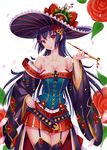  black_hair breasts character_request cleavage closed_mouth commentary_request cowboy_shot detached_sleeves flower garter_straps hat holding holding_pipe japanese_clothes kiseru long_hair looking_at_viewer medium_breasts nishimura_eri orange_eyes original pipe red_flower red_rose rose smile solo thighhighs 