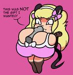 2017 annoyed anthro big_breasts blonde_hair blush breasts cleavage clothed clothing dialogue digital_media_(artwork) english_text female hair hair_bow hair_ribbon huge_breasts hyper hyper_breasts mammal mouse mr.under penis ribbons rodent sex simple_background slit_pupils solo text tiffy_cheesecake titfuck voluptuous 
