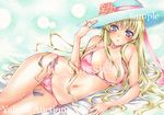  arm_support arm_up artist_name ass_visible_through_thighs at_classics bangs bare_arms bare_shoulders bed_sheet bikini blonde_hair blue_hat blush breasts code_geass cowboy_shot flower hair_censor hair_over_one_breast hand_on_headwear hat large_breasts leila_(code_geass) long_hair looking_at_viewer lying navel on_side parted_lips pink_bikini purple_eyes rose sample side-tie_bikini sidelocks solo sun_hat swimsuit thigh_gap traditional_media wardrobe_malfunction watermark 