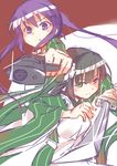  &gt;:( aiming_at_viewer ama_usa_an_uniform apron bad_id bad_pixiv_id bangs black_hair blunt_bangs blush breasts closed_mouth eyebrows_visible_through_hair flower gochuumon_wa_usagi_desu_ka? green_eyes green_kimono gun hair_between_eyes hair_flower hair_ornament hairclip hetareeji highres holding holding_gun holding_sword holding_weapon japanese_clothes katana kimono long_hair long_sleeves looking_at_viewer maid_apron matching_outfit medium_breasts multiple_girls purple_eyes purple_hair sidelocks sketch sparkle striped sword tedeza_rize two-tone_background ujimatsu_chiya v-shaped_eyebrows vertical-striped_kimono vertical_stripes weapon white_background white_flower wide_sleeves 